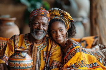 Fototapeta premium Close-up portrait of an elderly man and a young woman in vibrant African clothing, symbolizing family heritage and cultural pride.