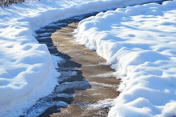 Freshly cleared pathway surrounded by snow on a bright winter day