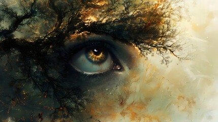 Naklejka premium A close up of a person's eye with a tree in the background