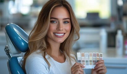 Smiling dental patient holds tooth shade guide in modern clinic for perfect tooth color match