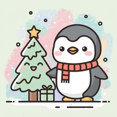 Cute vector Christmas penguin wearing a warm striped scarf stands beside a decorated holiday pine tree and wrapped gift box.