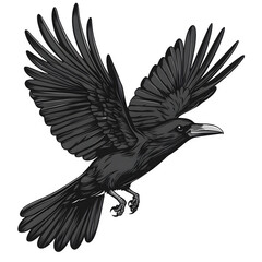 Illustration of a black crow flying with spread wings, isolated on transparent background