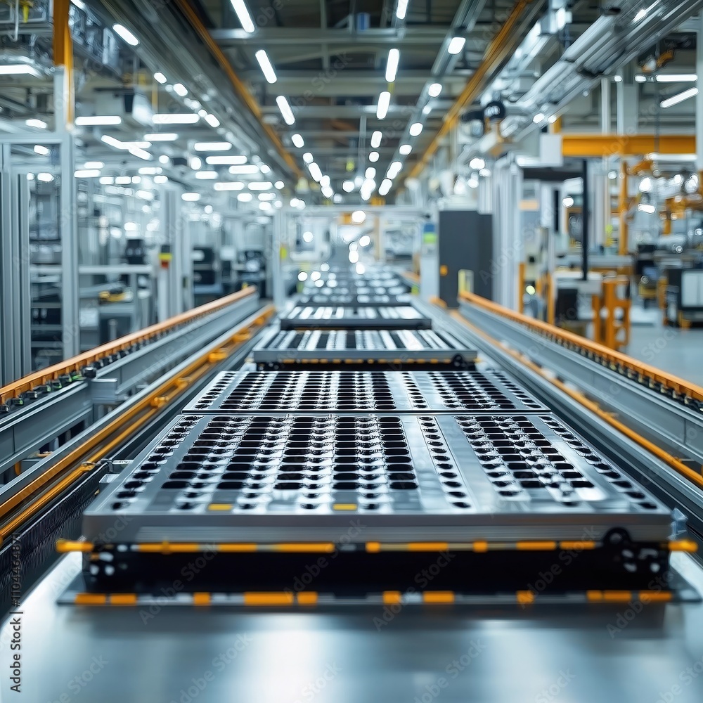Poster modern factory line produces electric car batteries. conveyor belt carries battery components. autom