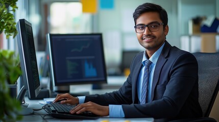 South Asian man in business suit works on computer in modern office. Trader reviews financial data. Pro looks at computer screen. Modern office environment. Handsome accountant works. Business