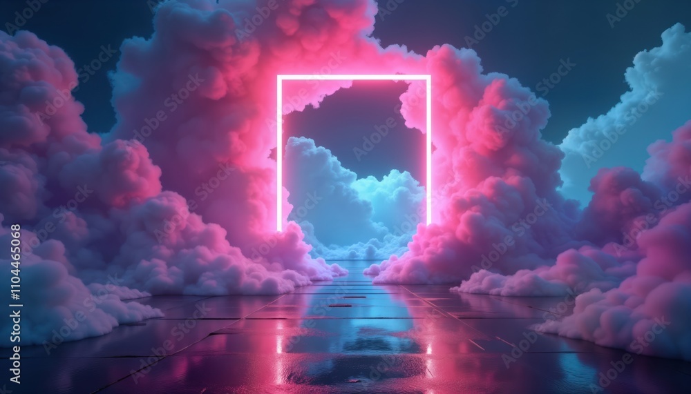 Poster neon rectangle portal framed by pink, purple clouds. wet floor reflects vibrant lights. futuristic a