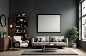 Cozy living room with grey couch, chair. Modern decor with wooden furniture, plant. Blank frame for mockup. Interior design concept. Stylish room with empty frame for photo art. Contemporary style