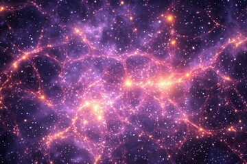 Obraz premium A dreamlike scene featuring a lavender and gold cosmic network, drawing viewer into a vast expanse filled with gentle light and intricate details of the cosmos.