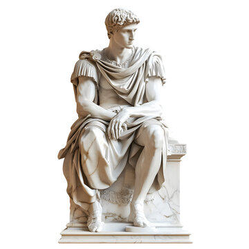Roman emperor augustus: majestic marble statue seated in a toga, isolated on a transparent background