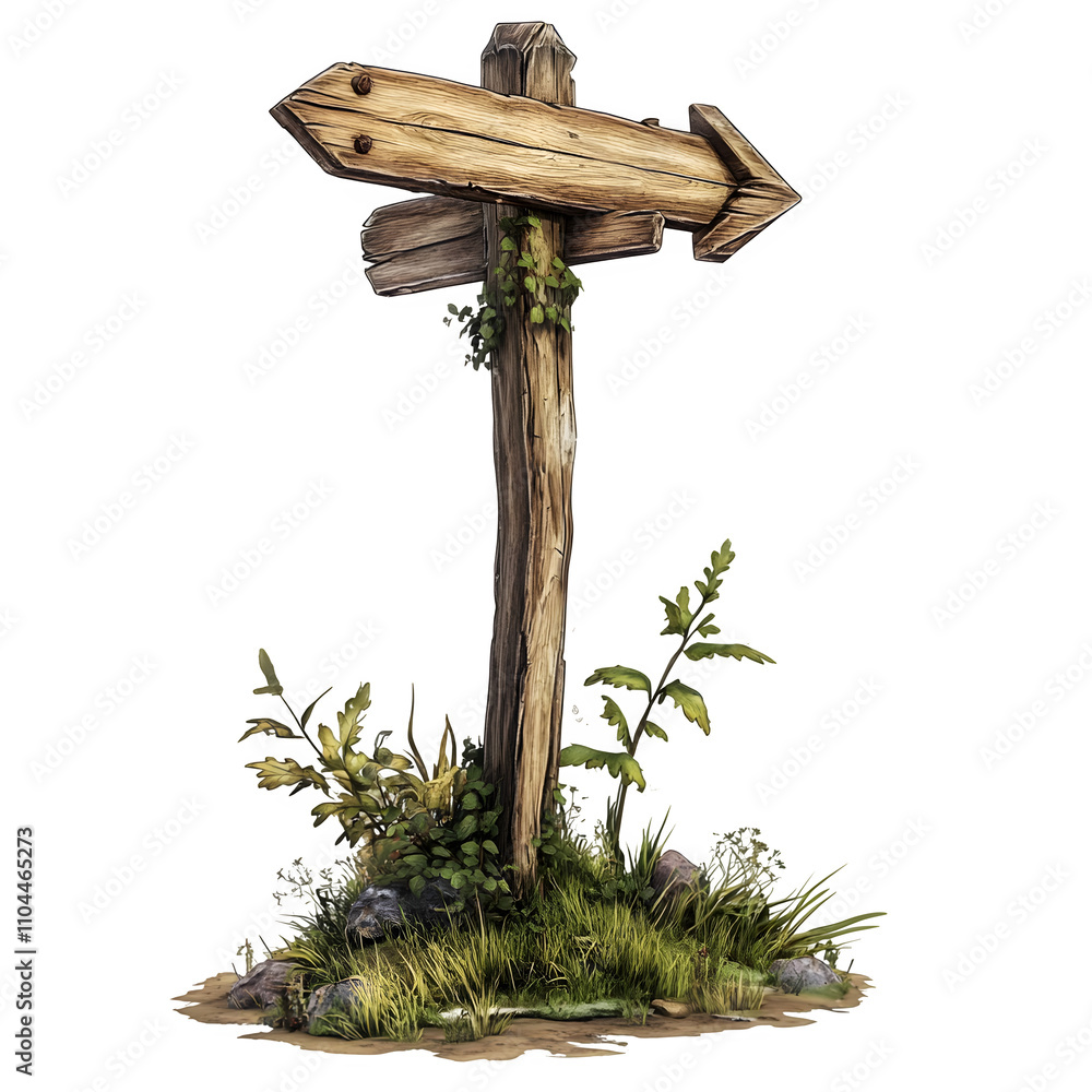 Poster wooden signpost with foliage and grass pointing in multiple directions on a clear background