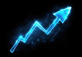 Glowing blue graph icon with upward arrow symbolizing business growth and success