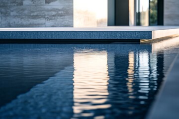 A minimalistic setting showcases a modern poolside with serene water reflections, merging clean contemporary design with tranquil outdoor elements.