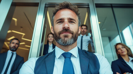 A confident group of professionals in a modern office setting, highlighting leadership and teamwork.