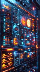 Obraz premium Futuristic cyberpunk inspired digital dashboard control panel with complex glowing electronic circuit board and data visualization displays Sci fi inspired high tech interface background