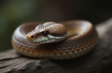 Obraz premium A brown snake on a wooden surface observes its surroundings in natural light. Suitable for use in environmental documentation, educational materials, and ecological education projects
