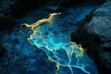 An image showing crystal-clear water outlined with glowing elements, juxtaposed against rocky cliffs, blending natural beauty with an ethereal glow of mystery.