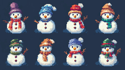 Set of pixel art cheerful snowman character on a winter background with snowflakes and snow. A cheerful banner for the celebration of merry christmas and happy new years holidays vector illustration.