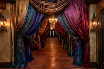 A stunning corridor features luxurious fabrics and chandeliers, creating an enchanting vibe