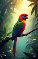 Fototapeta premium Colorful parrot rests on branch in rich jungle. Vivid colors of plumage create striking contrast against misty background. Sunlight rays illuminate exotic bird. Paradise-like setting suggests