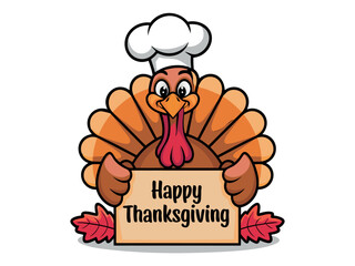 Cartoon turkey chef holding a Thanksgiving greeting sign
