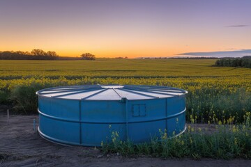 Obraz premium Large water tank in canola field at sunset illuminating agriculture innovation
