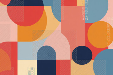 Geometric abstract pattern in retro coral, dark blue and yellow with textured elements   