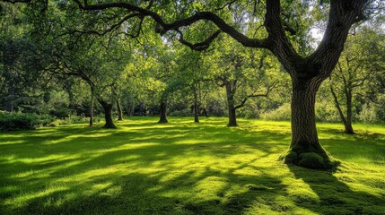Obraz premium Low Angle View Sunlit Green Mossy Lawn, Lush Deciduous Forest, Tranquil Nature Scene, Green Trees, Grassy Meadow ,Nature Photography, Forest, Landscape