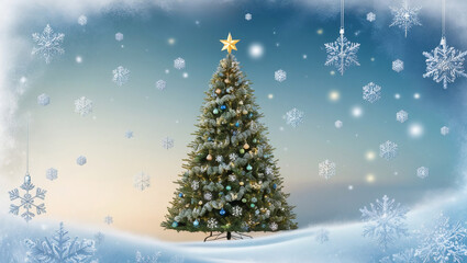 Christmas Background With Snowflakes And Christmas Tree