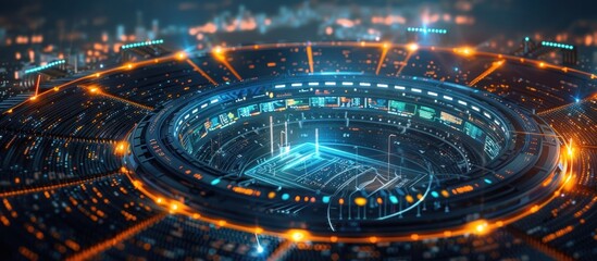 Stunning futuristic cityscape with glowing skyscrapers and advanced digital technology interface  Vibrant urban landscape with a modern innovative and sophisticated atmosphere