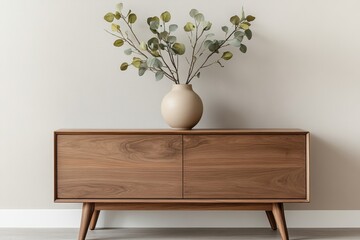 interior design, a mockup frame display on a mid-century modern sideboard against soft pastel walls elevates the muted interior