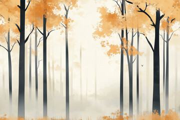 An abstract depiction of a serene forest, tall trees fading into mist, soft earth tones and golden highlights