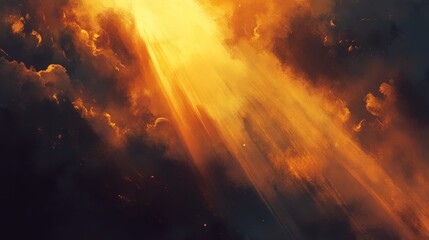 Fototapeta premium Golden Light Rays Through Dark Clouds Digital Painting, Brushstrokes, Dramatic Sky, Celestial Concept. Digital Art, Abstract, Landscape