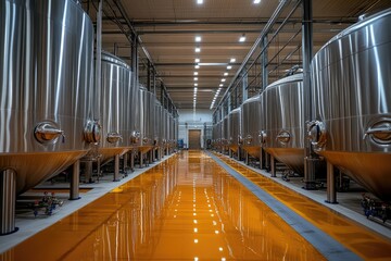 Rows of steel tanks stand in modern food processing plant