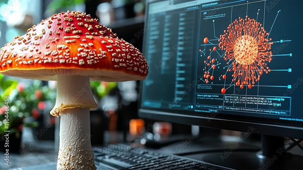 Poster bright red mushroom stands next to computer displaying data visualizations in a vibrant workspace