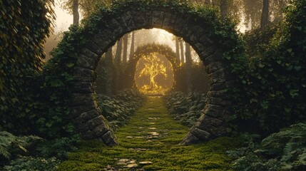 Obraz premium Enchanted Forest Arch Stone Archway, Mossy Composition, Glowing Tree, Digital Painting, Fantasy Landscape. Fantasy Art, Digital Painting, Nature Scene