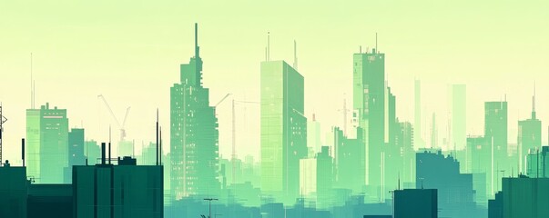 Fototapeta premium Elevated Perspective Green Cityscape Composition, Digital Painting, Futuristic Architecture, City Skyline. Futuristic City, Urban Landscape, Digital Art