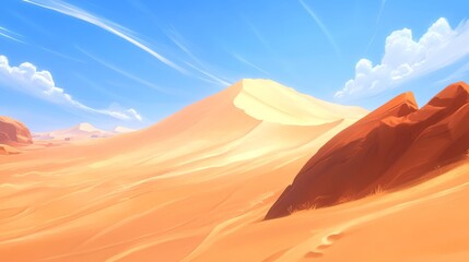 Naklejka premium Desert Landscape Digital Painting, Sand Dunes and Rocks, Sunny Sky, Desert Art Desert, Digital art, Landscape