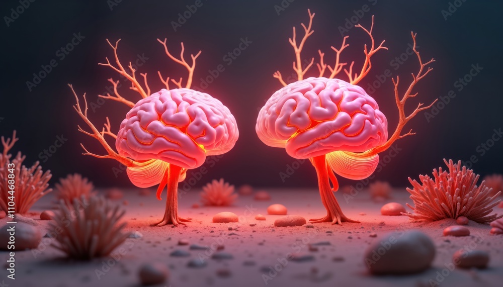 Aufkleber Pink human brains stand like trees in desert. Burning branches sprout from brains. Creative image. Possibly shows creativity brain health. Suitable for psychology, neuroscience, abstract art themes.