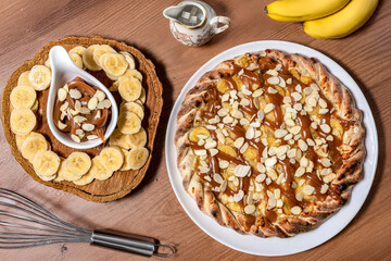 Banana pizza with dulce de leche and nuts