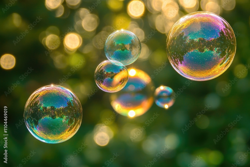 Poster Soap bubbles floating showing iridescent colors reflecting sunlight with blurred background