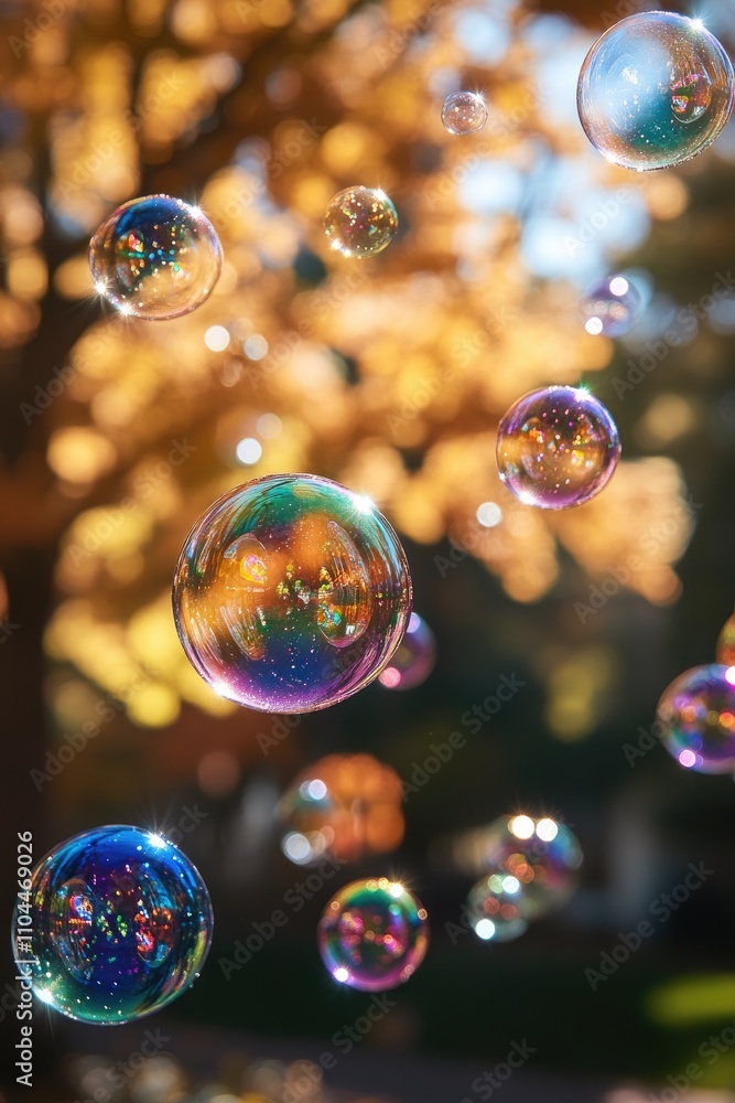 Poster Soap bubbles floating in the air with autumn colors in the background