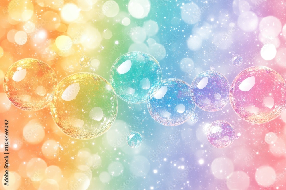 Poster rainbow bubbles floating on a sparkling pastel background
