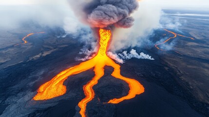 Aerial View Molten Lava Flow Composition, Volcanic Eruption Image, Fiery River Concept Volcano, Lava, Aerial Photography