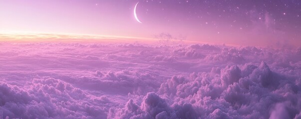 Aerial View Lavender Cloudscape with Crescent Moon, Digital Painting, Purple Sky, Fantasy Landscape, Dreamy Atmosphere Keywords Cloudscape, Digital Art, Fantasy