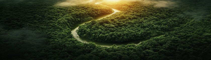 Aerial View Lush Green Forest River Composition, Sunlight, Drone Photography, Nature, Jungle River Keywords Rainforest, Aerial, River