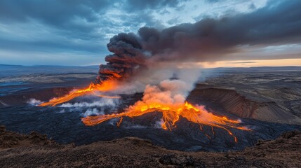 Aerial View Eruption Composition, Volcanic Landscape, Fiery Sunset, Iceland Volcano Volcano, Lava, Iceland