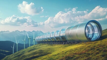 Aerial View Cylindrical Structure with Glass Windows in Mountain Landscape, Digital Composition, Sustainable Energy Concept. Wind Turbines