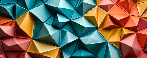 Fototapeta premium Abstract Geometric Composition Teal, Orange, and Pink Triangular Facets, Close-Up View, 3D Rendering, Abstract Background, Geometric Design Abstract