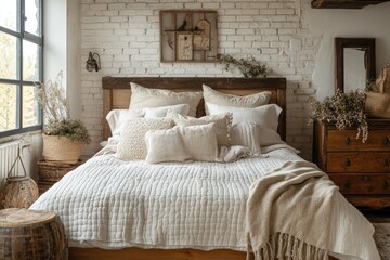 Cozy bedroom interior decorated in rustic style with wooden furniture and neutral colors