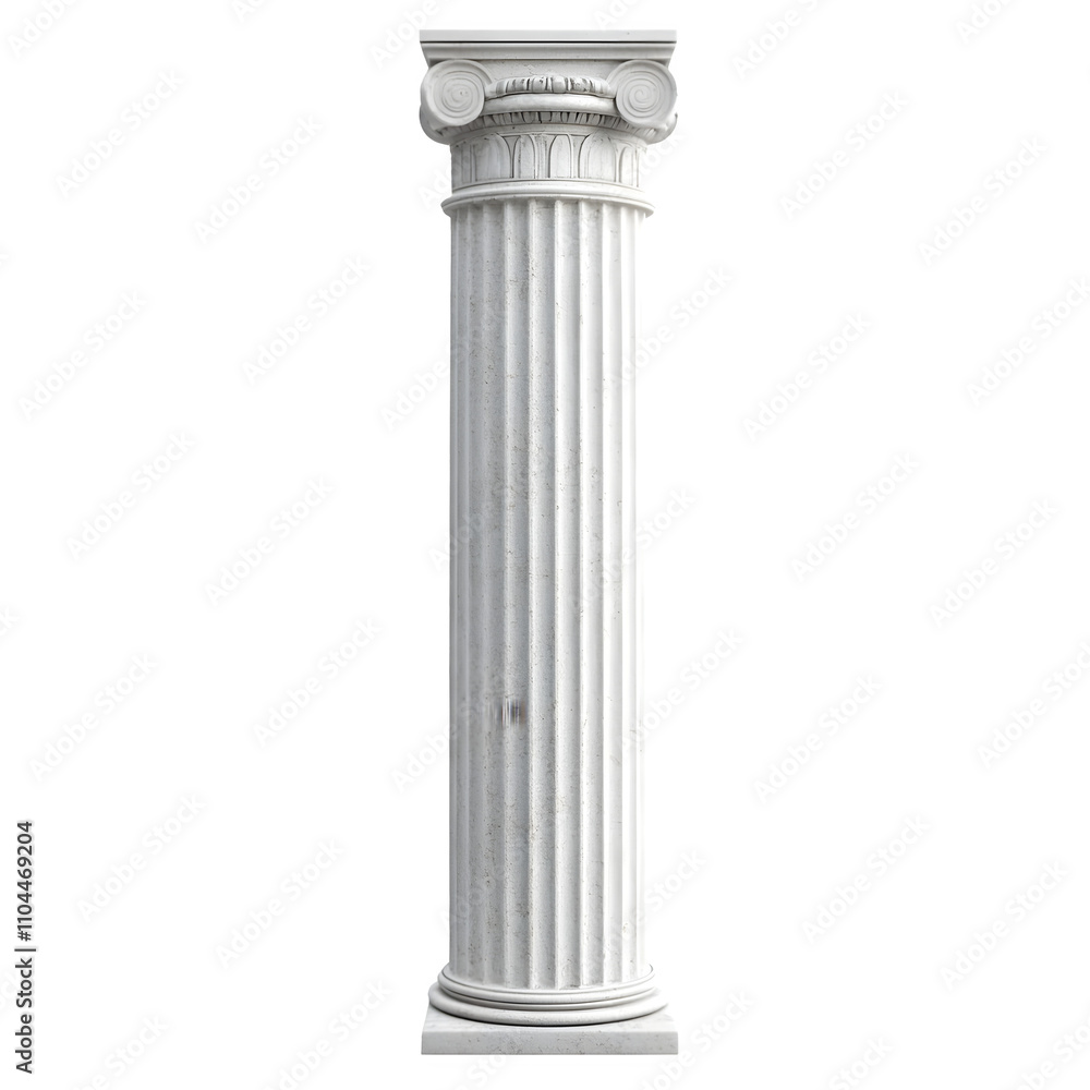 Poster Single fluted marble column with ornate capital, isolated on transparent background, representing classical architecture