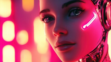 Rostro robótico iluminado por neón